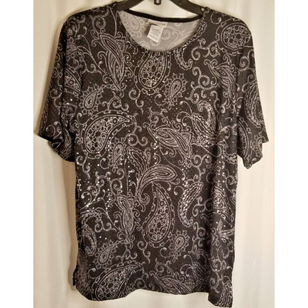 Bon Worth Women's Top Black Sparkle Paisley  Short Sleeve Liquid Knit Size Large